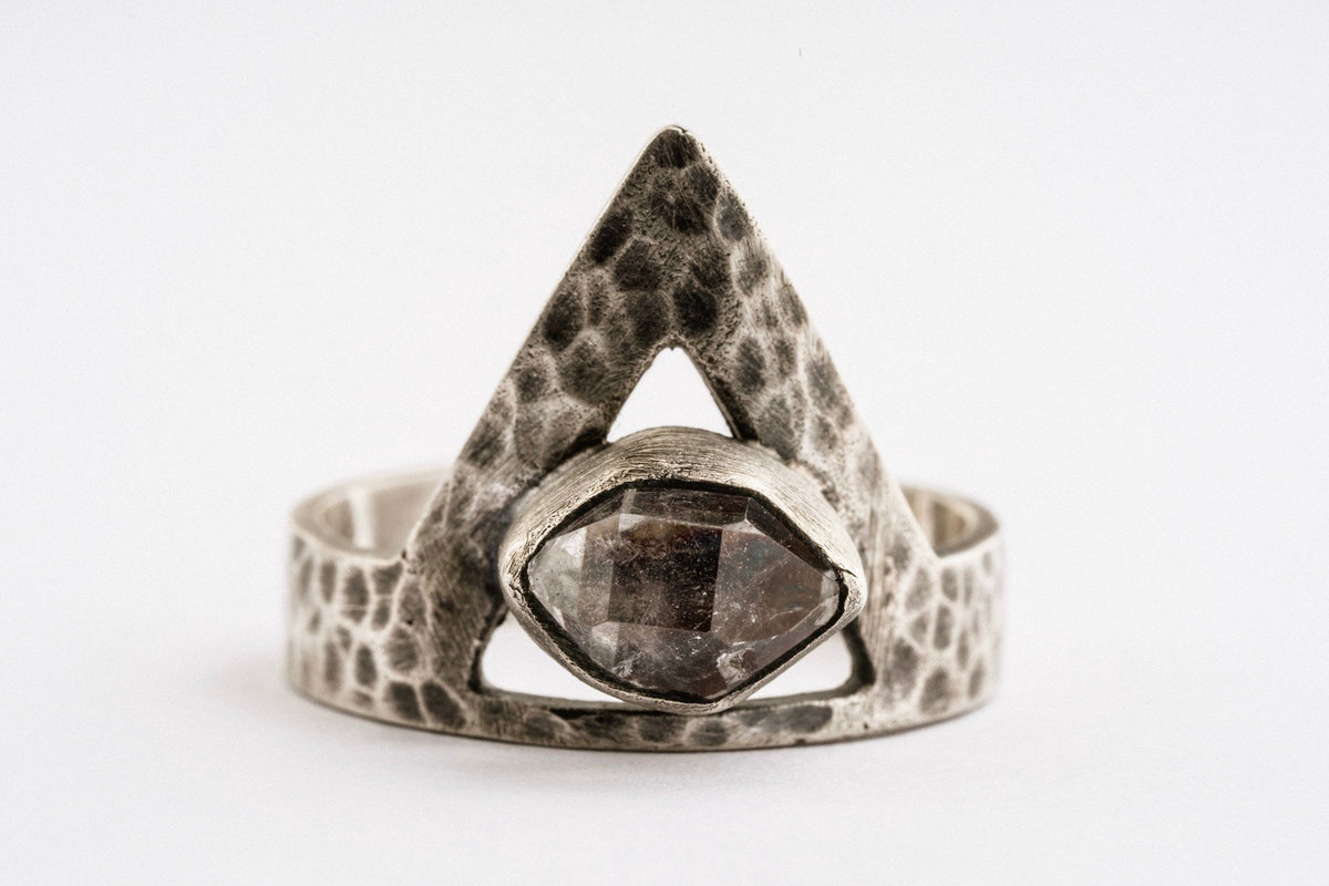 Herkimer Diamond Quartz - Hammered OR Brushed & Oxidised Finish - 925 Sterling Silver - Adjustable Open Ring