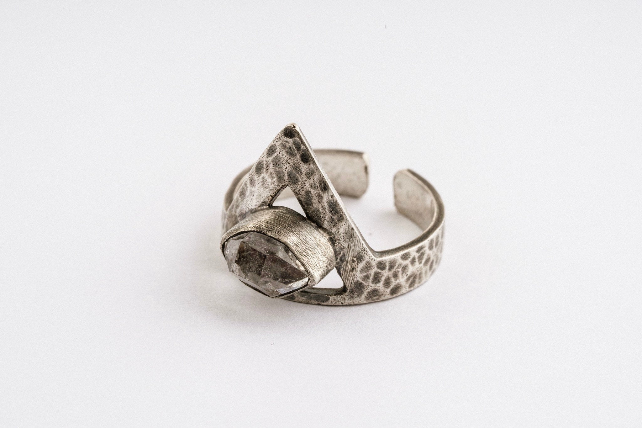 Herkimer Diamond Quartz - Hammered OR Brushed & Oxidised Finish - 925 Sterling Silver - Adjustable Open Ring