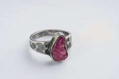 Raw Ruby -Solid 925 Sterling Silver Ring Size 7 1/2- Hammered Textured & Oxidised No.3