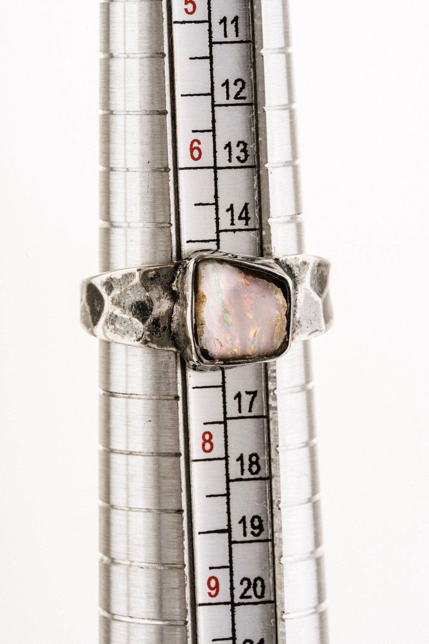 Solid White Sparkling Precious Lightening Ridge Opal - Solid 925 Sterling Silver - Hammer Textured & Oxidised Setting - Crystal Ring - No/15