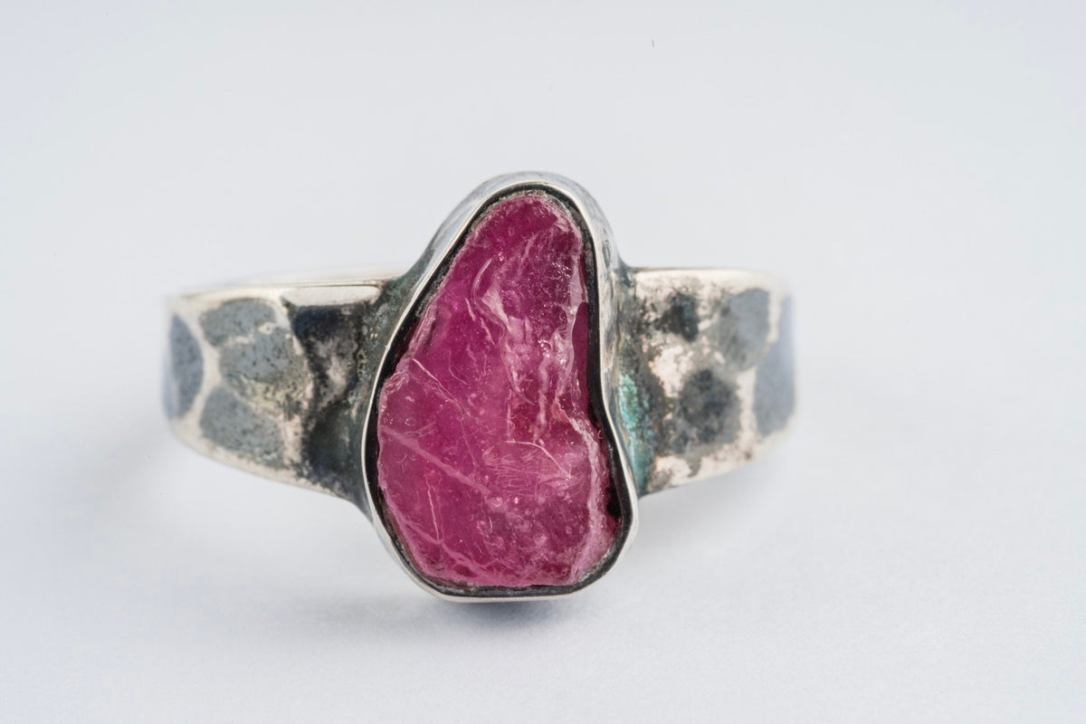 Raw Ruby -Solid 925 Sterling Silver Ring Size 7 1/2- Hammered Textured & Oxidised No.3