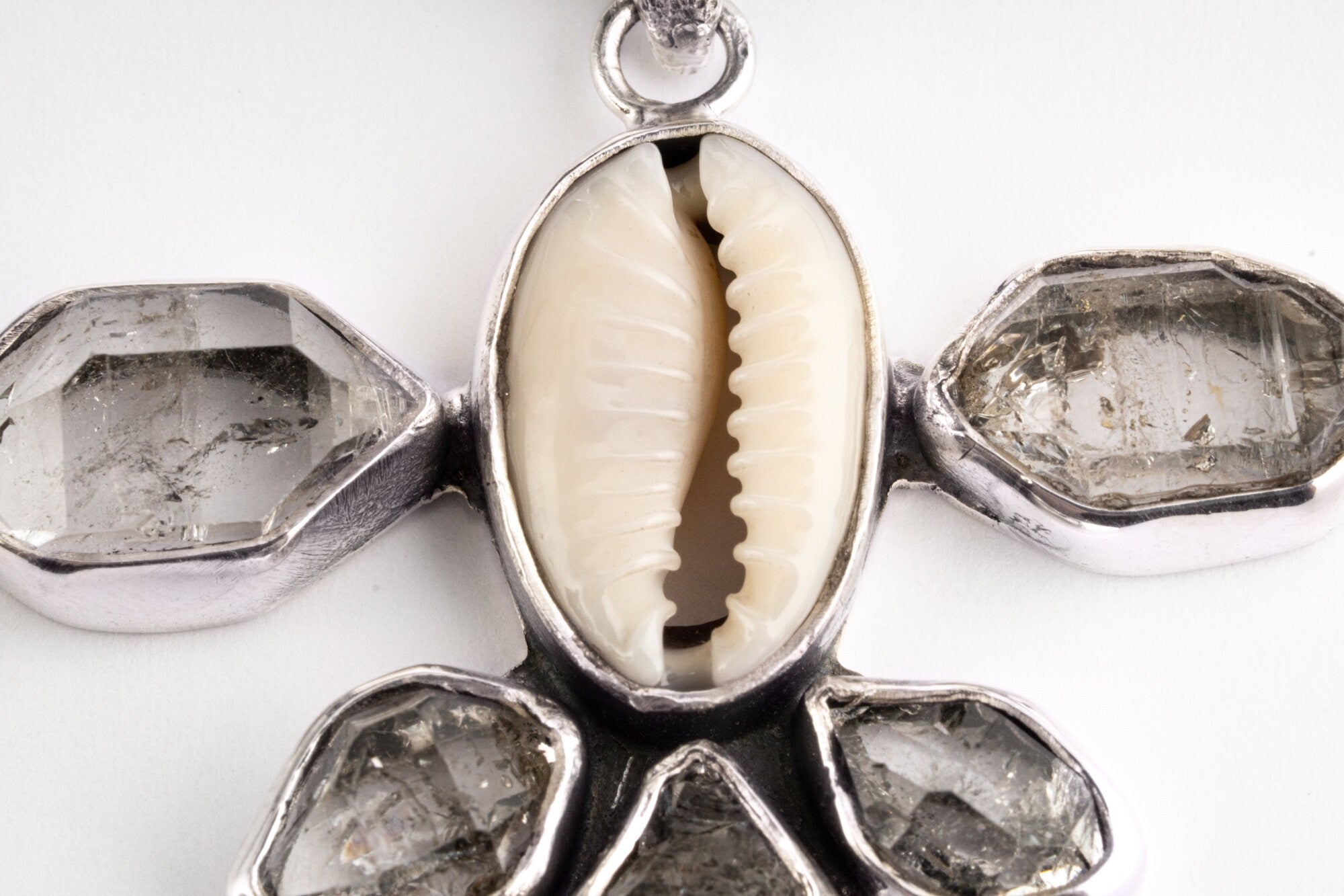 Cowrie Shell And Five Herkimer Diamond, 925 Sterling Silver Pendant, Mandala Setting, Unique Gift