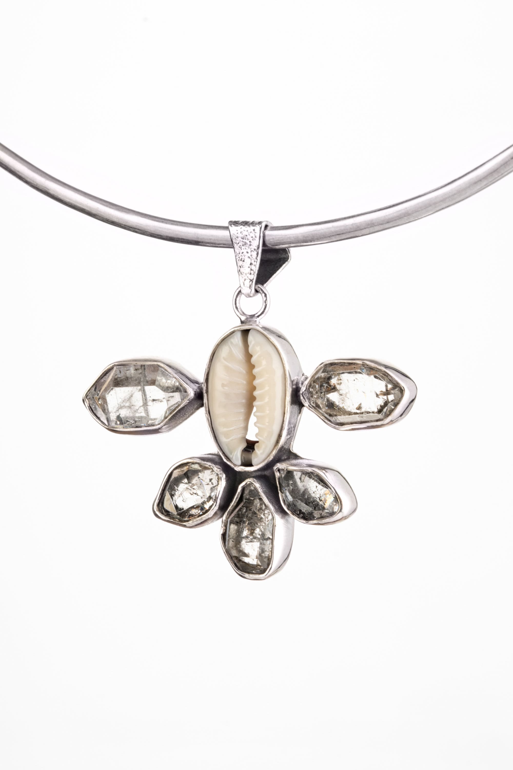 Cowrie Shell And Five Herkimer Diamond, 925 Sterling Silver Pendant, Mandala Setting, Unique Gift