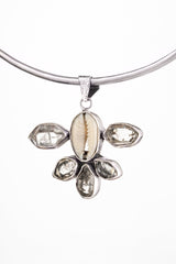 Cowrie Shell And Five Herkimer Diamond, 925 Sterling Silver Pendant, Mandala Setting, Unique Gift