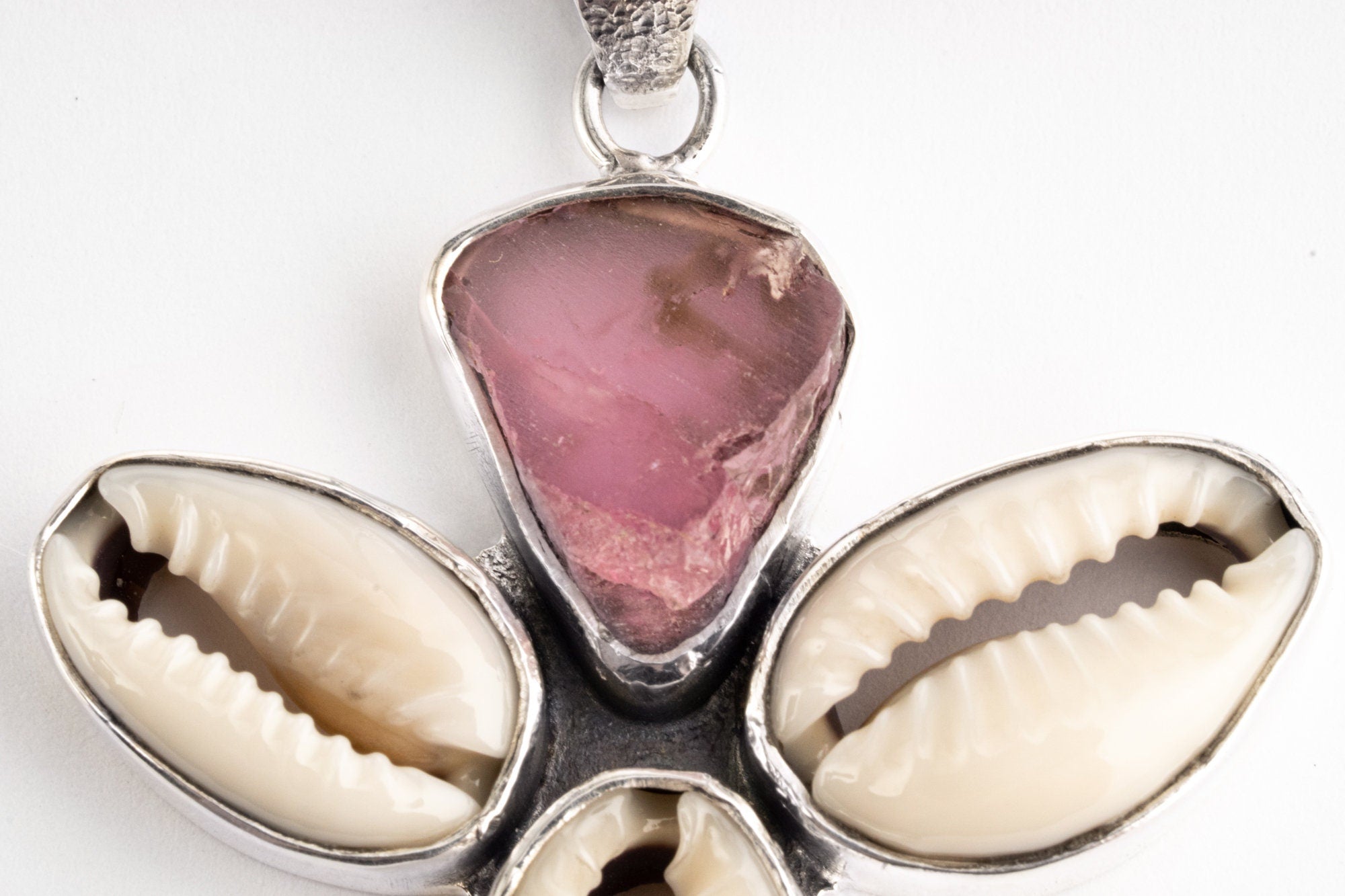 Cowrie Shell and Pink Tourmaline - 925 Sterling Silver - Mandala Setting - Pendant Necklace No/12