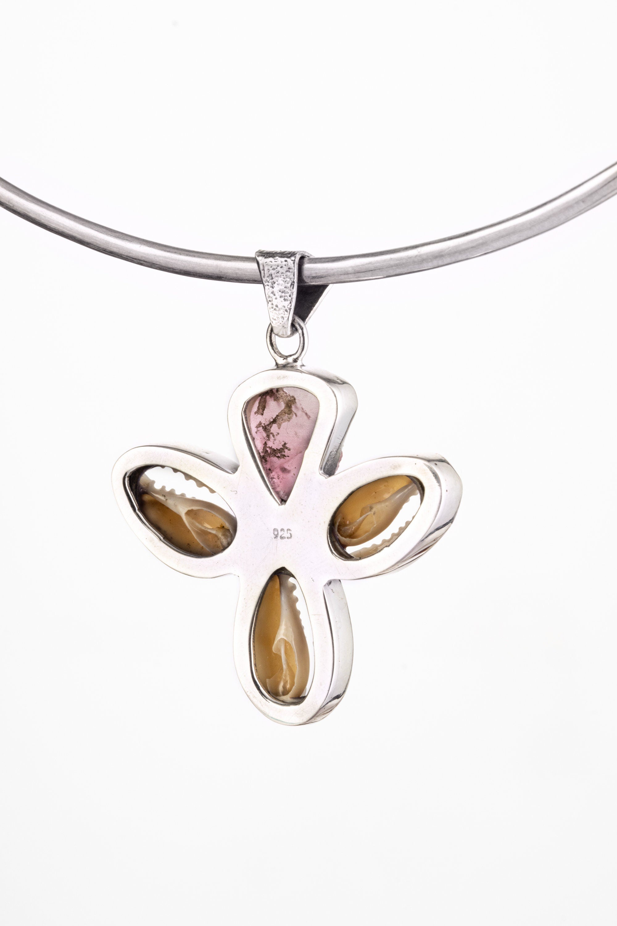 Cowrie Shell and Pink Tourmaline - 925 Sterling Silver - Mandala Setting - Pendant Necklace No/12