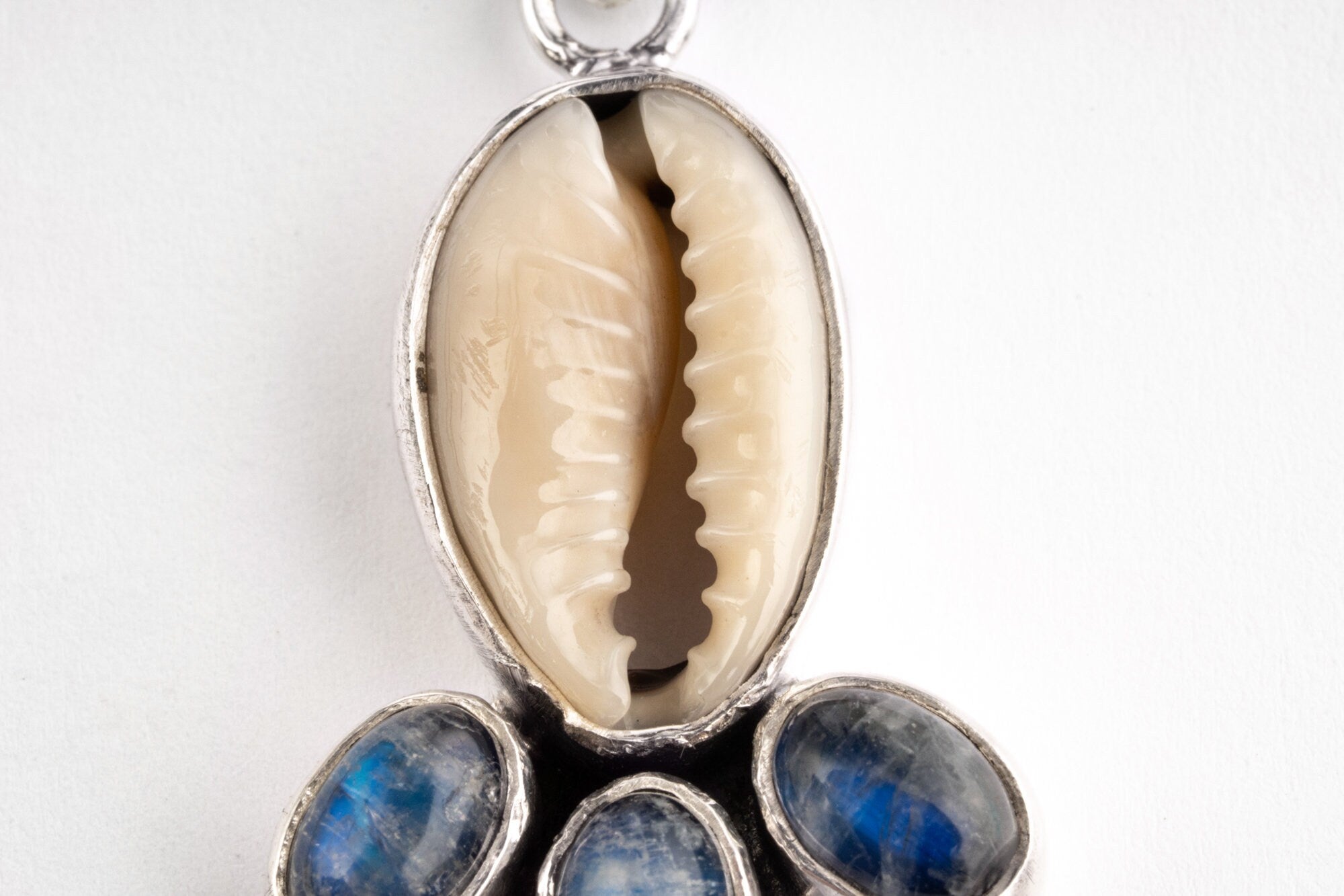 Cowrie Shell & Blue Moonstone Necklace, 925 Sterling Silver, Mandala Setting, Yoni Crystal Necklace, Feminine Energy