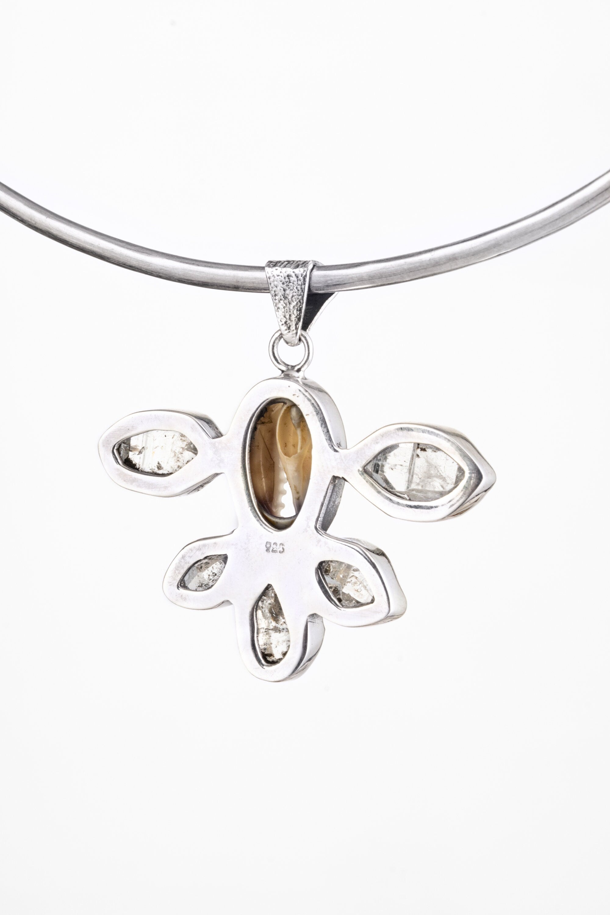 Cowrie Shell And Five Herkimer Diamond, 925 Sterling Silver Pendant, Mandala Setting, Unique Gift