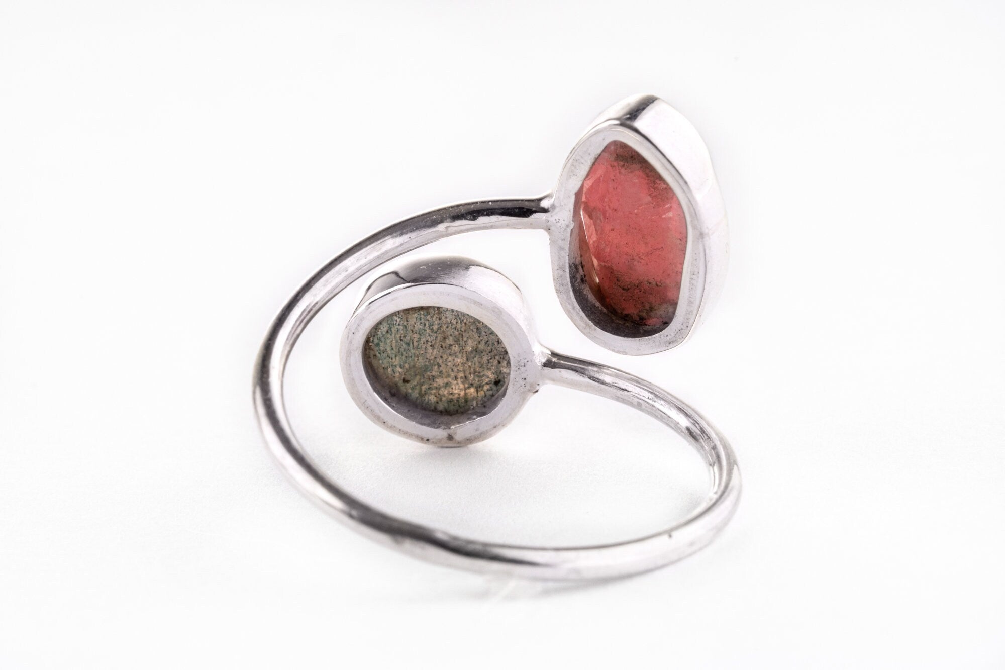 Double Stone - Labradorite & Rhodochrosite - Open Adjustable Selection - 925 Sterling Silver Ring