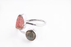 Double Stone - Labradorite & Rhodochrosite - Open Adjustable Selection - 925 Sterling Silver Ring