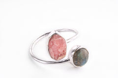 Double Stone - Labradorite & Rhodochrosite - Open Adjustable Selection - 925 Sterling Silver Ring