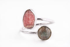 Double Stone - Labradorite & Rhodochrosite - Open Adjustable Selection - 925 Sterling Silver Ring