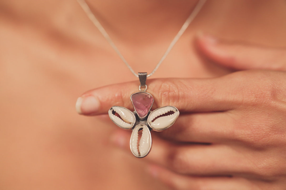 Cowrie Shell and Pink Tourmaline - 925 Sterling Silver - Mandala Setting - Pendant Necklace No/12