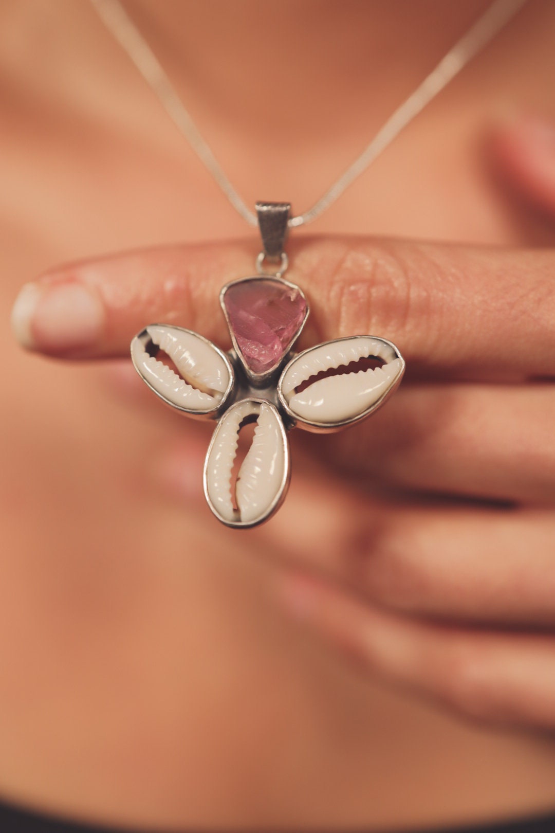 Cowrie Shell and Pink Tourmaline - 925 Sterling Silver - Mandala Setting - Pendant Necklace No/12