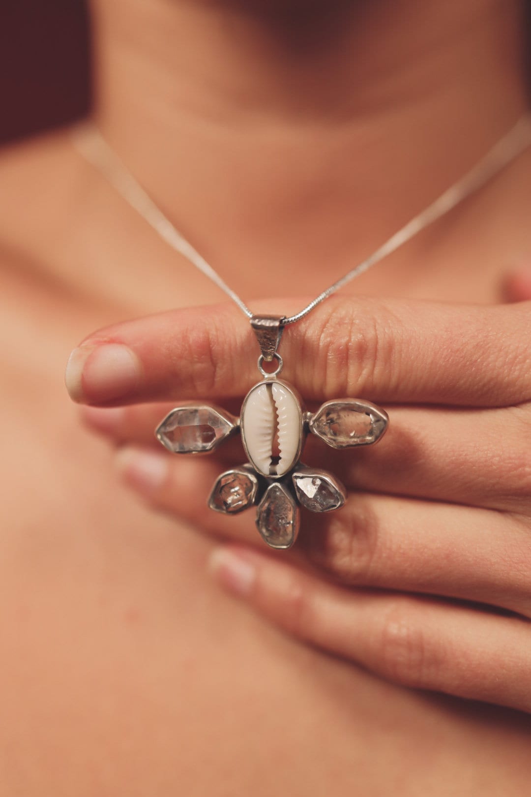 Cowrie Shell And Five Herkimer Diamond, 925 Sterling Silver Pendant, Mandala Setting, Unique Gift