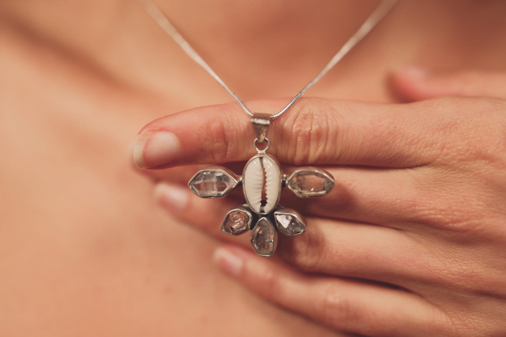 Cowrie Shell And Five Herkimer Diamond, 925 Sterling Silver Pendant, Mandala Setting, Unique Gift