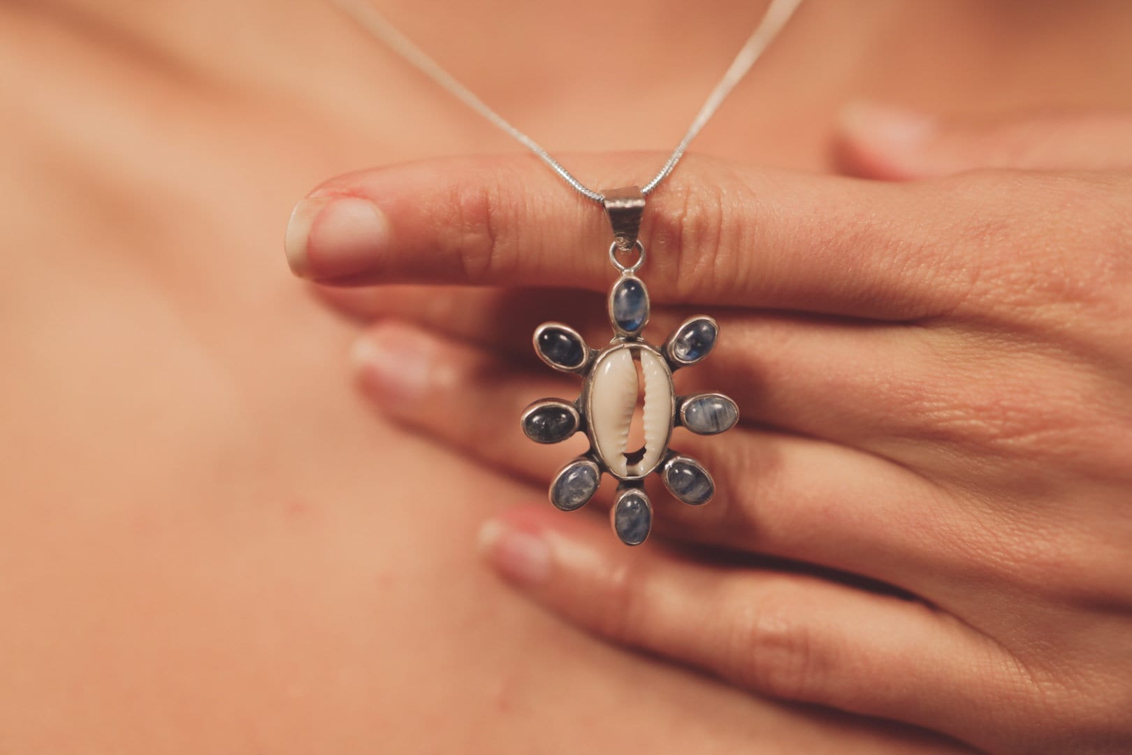 Cowrie Shell & Moonstone Pendant Necklace, 925 Sterling Silver, Mandala Setting, Crown Chakra Jewelry, Unique Gift No/9