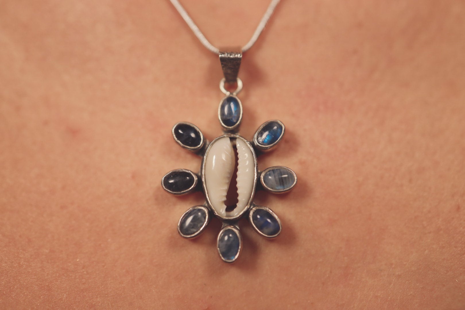 Cowrie Shell & Moonstone Pendant Necklace, 925 Sterling Silver, Mandala Setting, Crown Chakra Jewelry, Unique Gift No/9