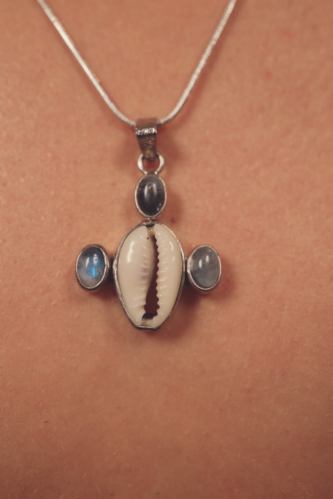 Cowrie Shell & Moonstone Pendant Necklace, 925 Sterling Silver, Mandala Setting, Crown Chakra, Unique Bohemian Jewelry No/5