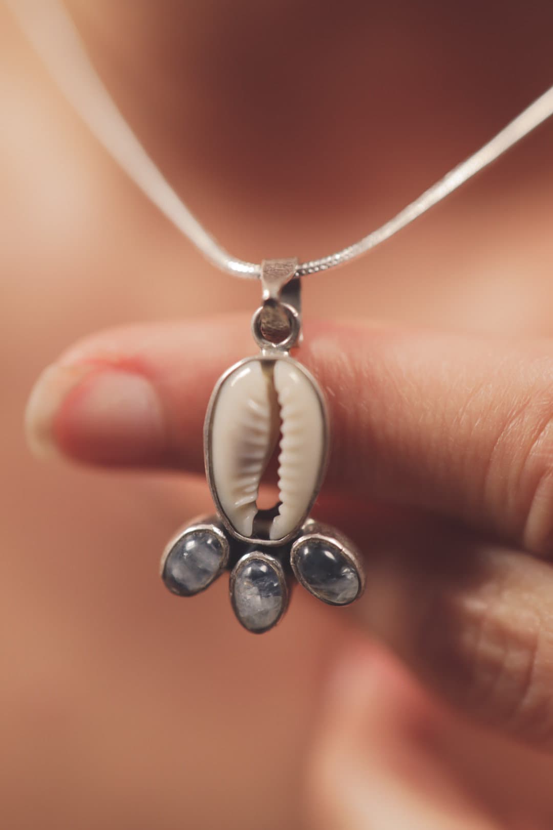 Cowrie Shell & Blue Moonstone Necklace, 925 Sterling Silver, Mandala Setting, Yoni Crystal Necklace, Feminine Energy