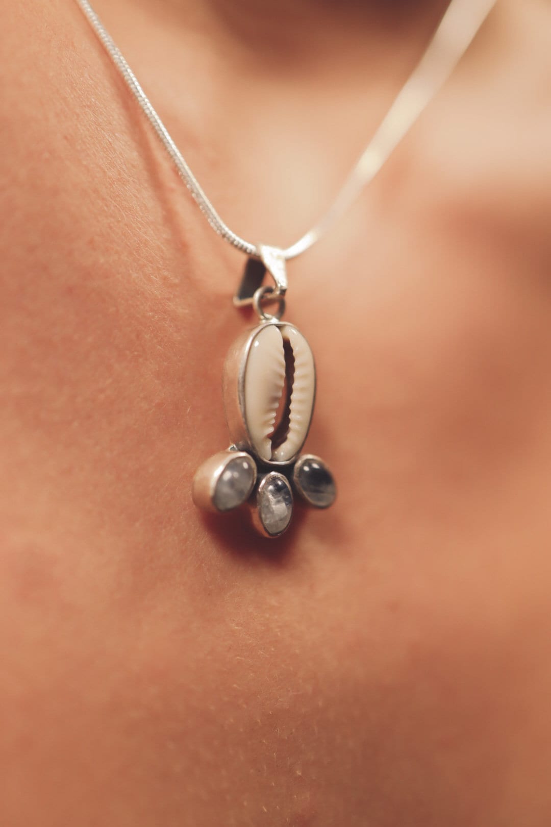 Cowrie Shell & Blue Moonstone Necklace, 925 Sterling Silver, Mandala Setting, Yoni Crystal Necklace, Feminine Energy