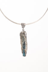 Vibrant Large Rare Ocean Kyanite Covered In Mica - Oxidised Sterling Silver - Hammered Three Claw Setting - Crystal Pendant Neckpiece