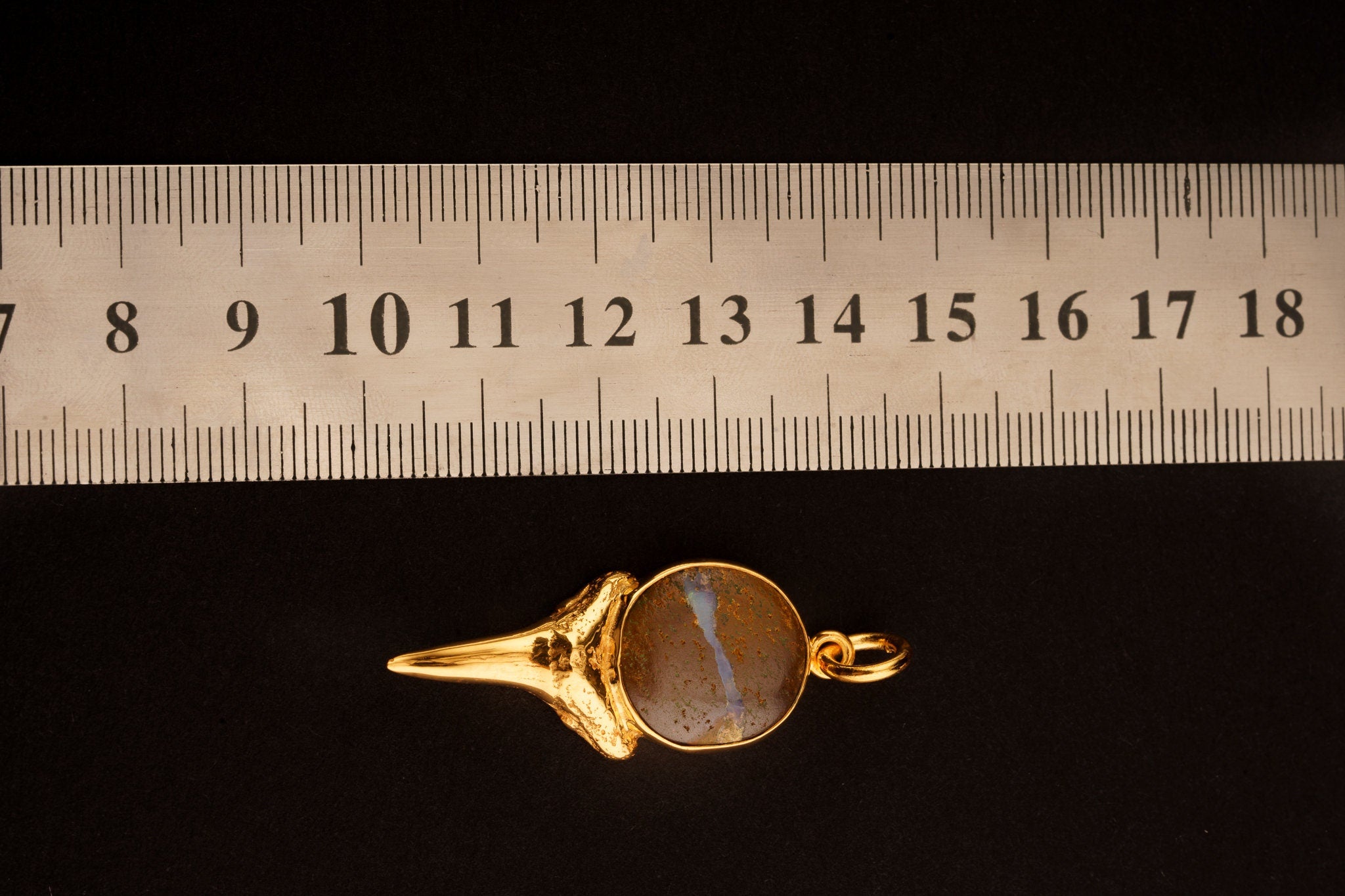 Megalodon Shark Tooth Gold plated Brass Cast - 925 Sterling Silver Set - Australian Boulder OpalCabochon - Pendant Neckpiece