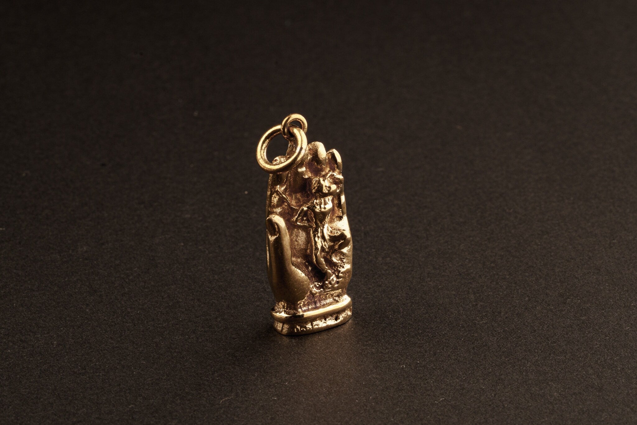 Pra Urai Buddha Hand holding Monkey God Subduing Mara Demons - Gold Plated Brass Cast - Pendant Necklace