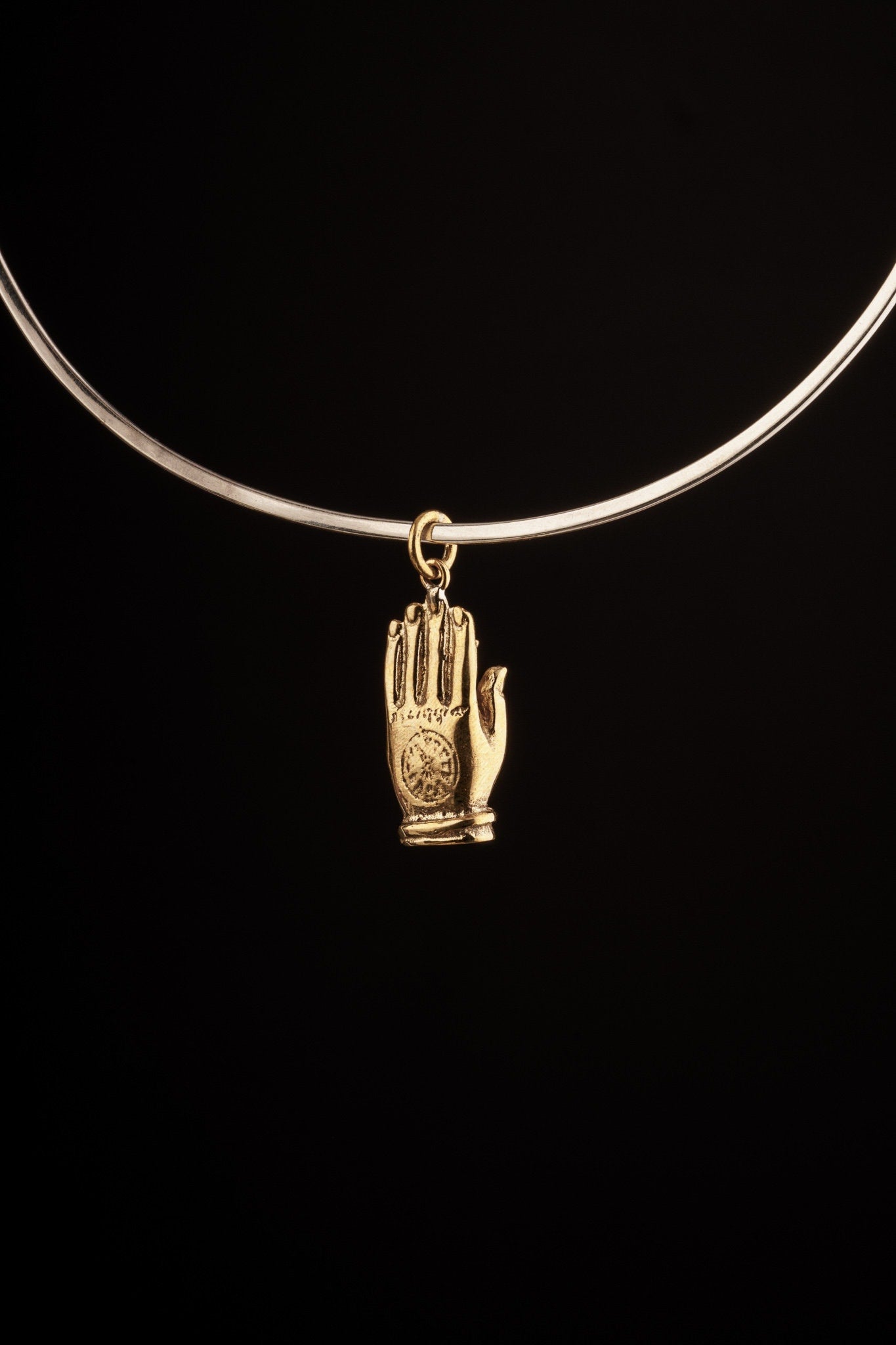 Pra Urai Buddha Hand holding Monkey God Subduing Mara Demons - Gold Plated Brass Cast - Pendant Necklace