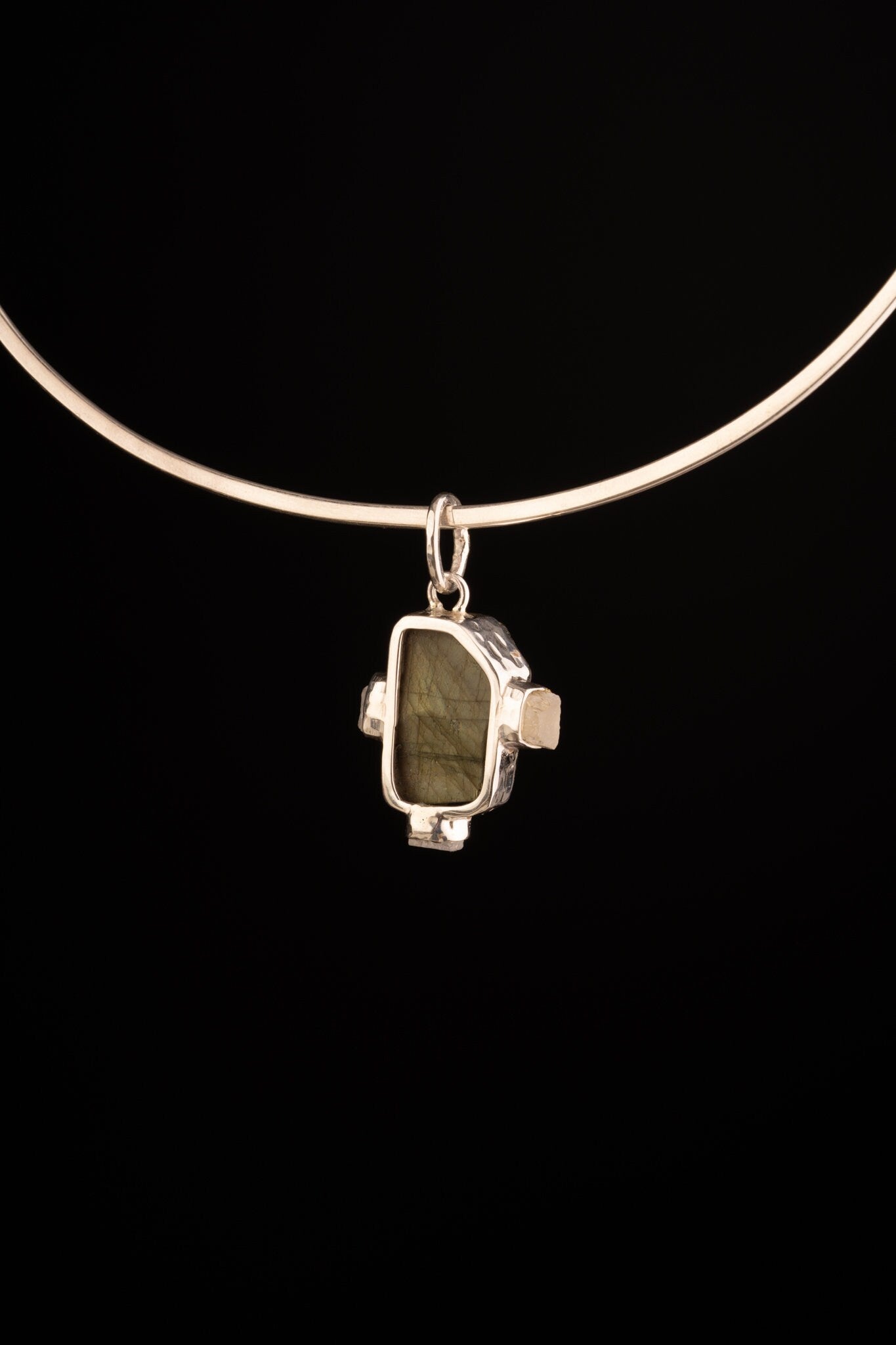 Raw Rainbow Labradorite & Blue Moonstone Pendant Necklace, Multistone Hammer Textured Sterling Silver, Healing Crystal Jewelry, Unique Gift