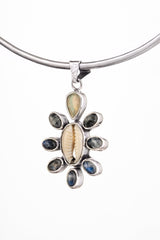 Cowrie Shell, Moonstone & Opal Pendant Necklace, 925 Sterling Silver, Mandala Setting, Crown Chakra Jewelry, Unique Spiritual Gift