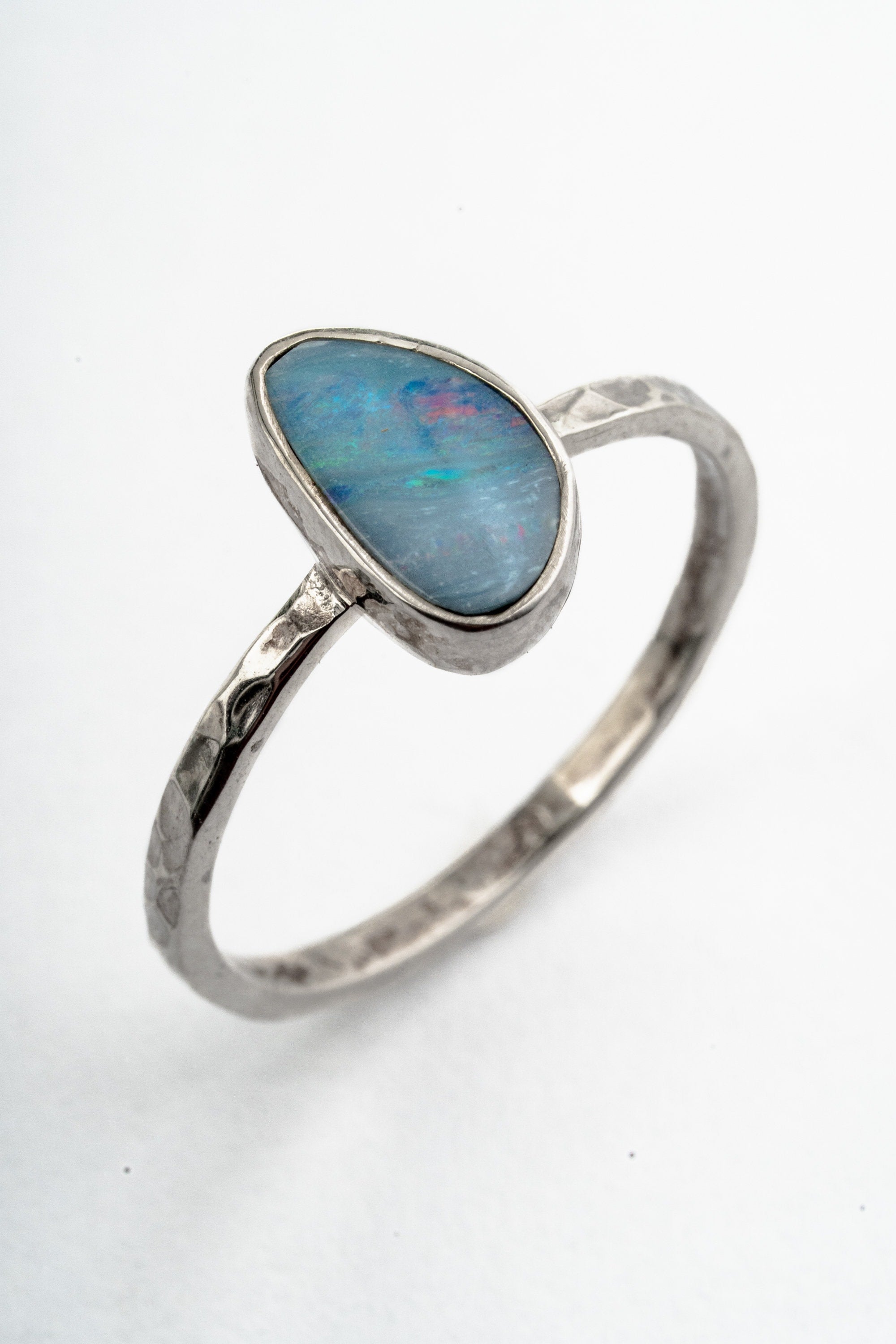 Precious Australian Opal Doublet Ring in Sterling Silver, Size 4-12 US, Elegant Textured Band, October Birthstone, Heart Chakra Jewelry