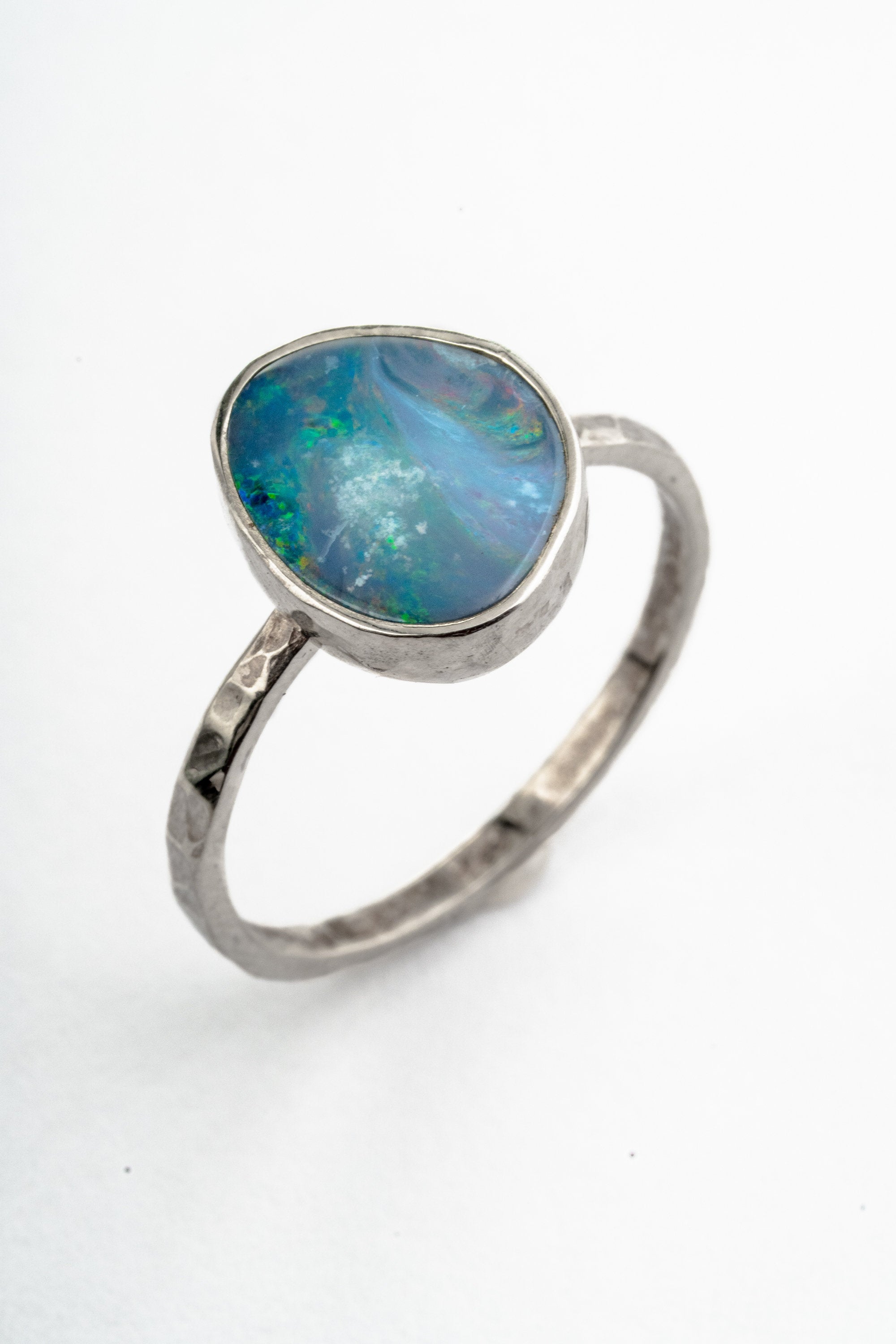 Precious Australian Opal Doublet Ring in Sterling Silver, Size 4-12 US, Elegant Textured Band, October Birthstone, Heart Chakra Jewelry