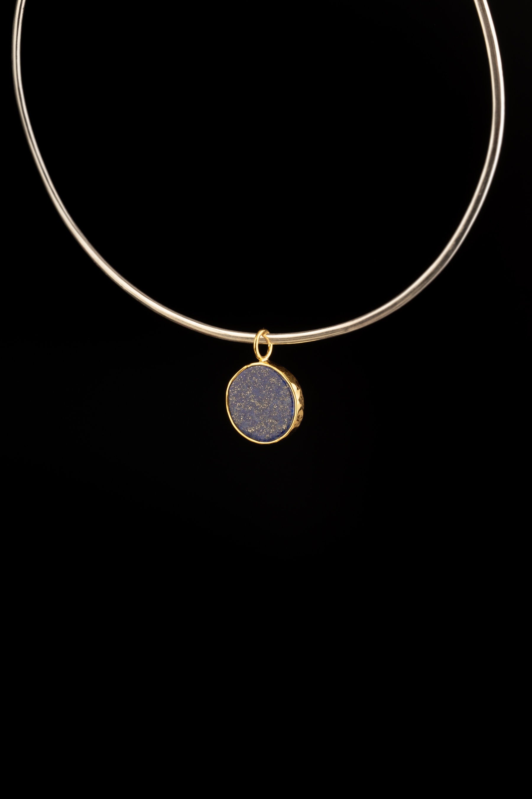 One Round Cut Lapis Lazuli Necklace - Gold Plated Textured Sterling Silver - Crystal Charm Pendant