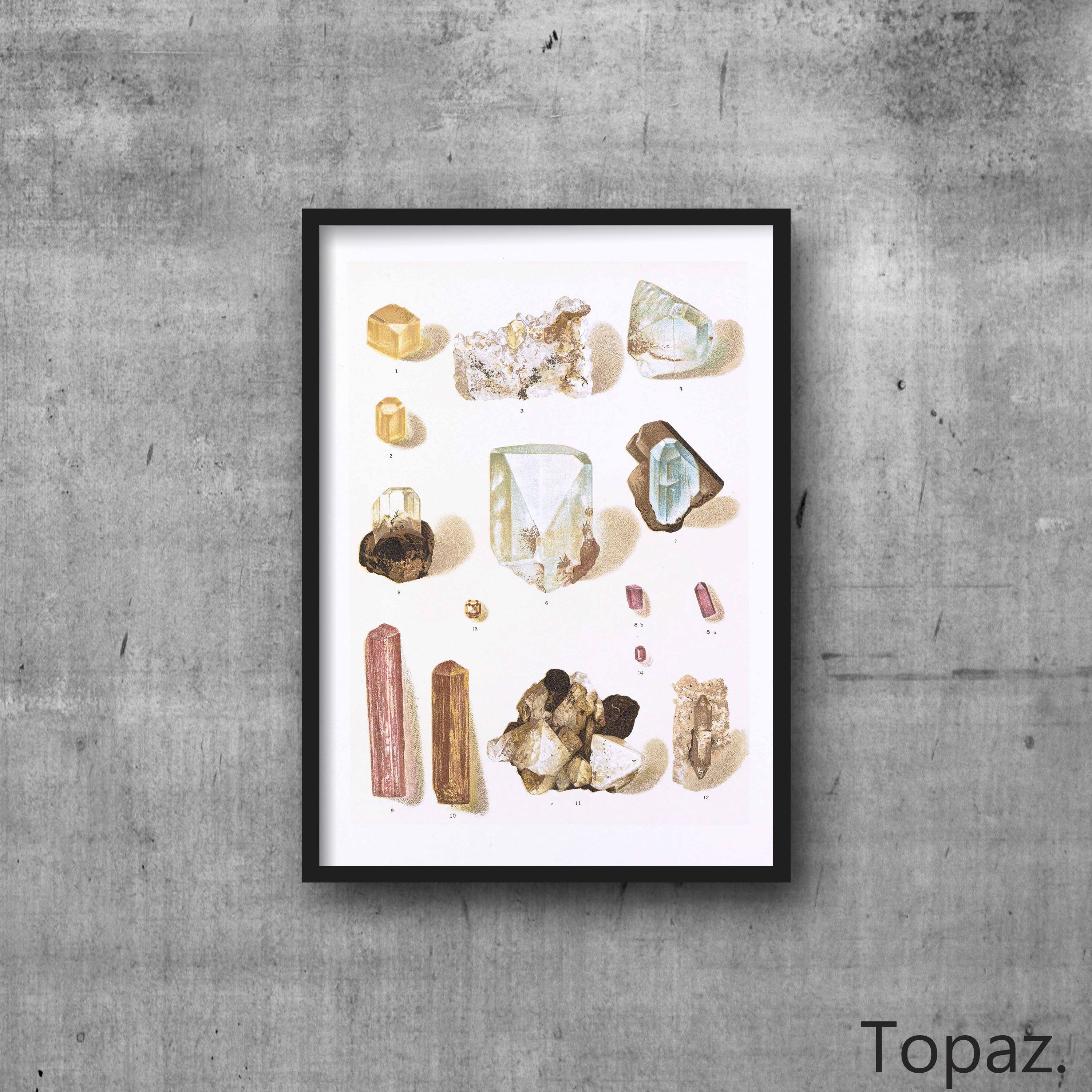 Topaz Crystal Mineral High Resolution Digital Image 300 DPI Vintage Antique watercolour Illustration Print Poster, Wall Art