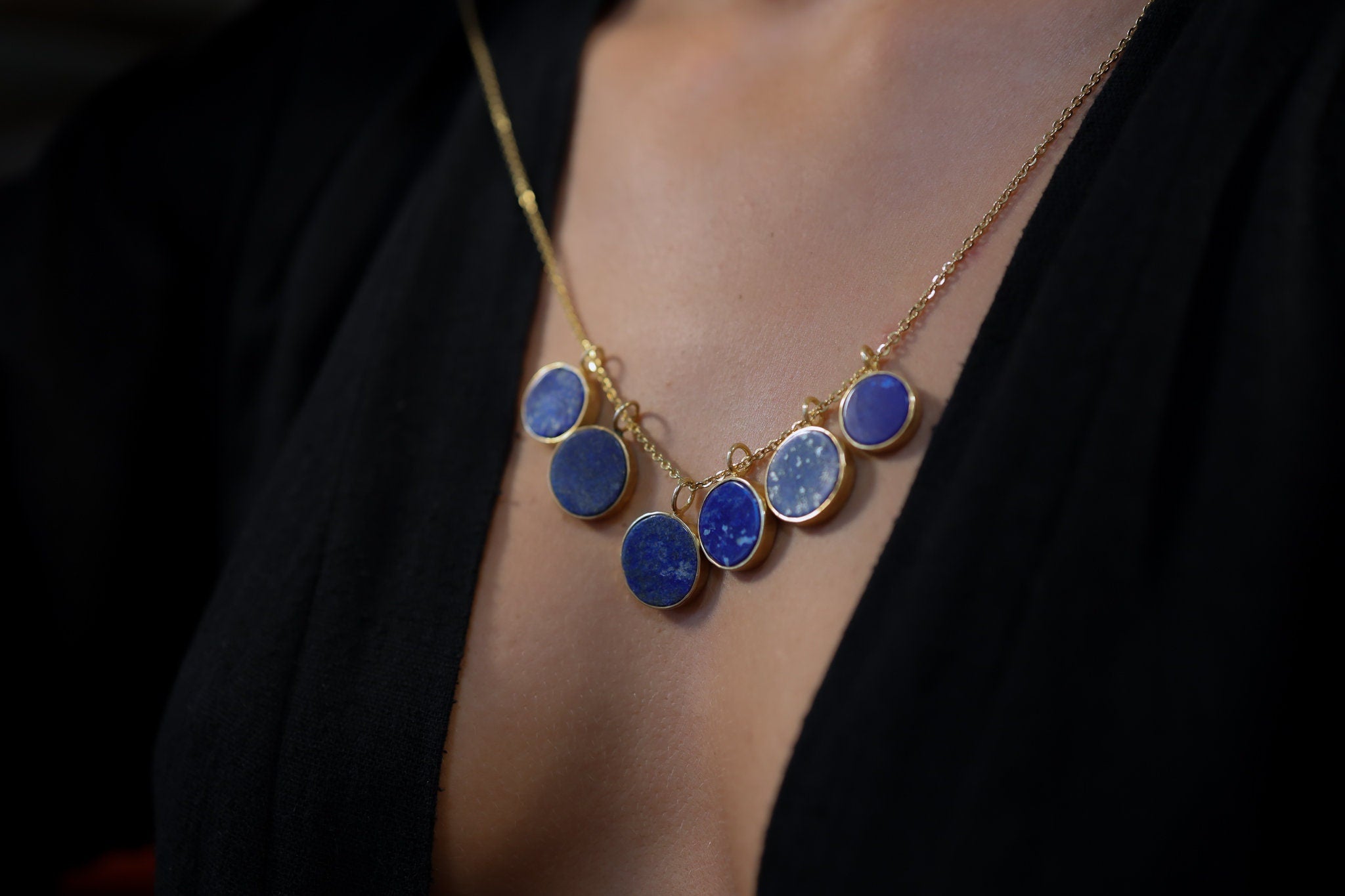 One Round Cut Lapis Lazuli Necklace - Gold Plated Textured Sterling Silver - Crystal Charm Pendant