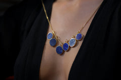 One Round Cut Lapis Lazuli Necklace - Gold Plated Textured Sterling Silver - Crystal Charm Pendant