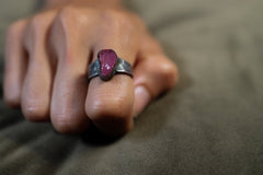 Raw Ruby -Solid 925 Sterling Silver Ring Size 7 1/2- Hammered Textured & Oxidised No.3