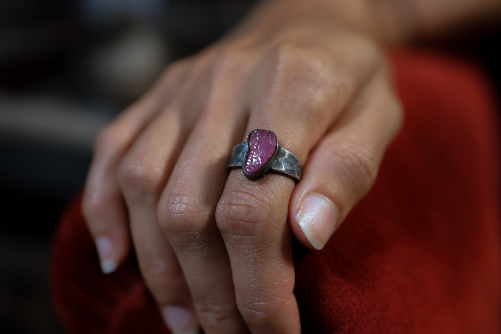 Raw Ruby -Solid 925 Sterling Silver Ring Size 7 1/2- Hammered Textured & Oxidised No.3