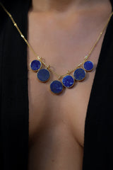 One Round Cut Lapis Lazuli Necklace - Gold Plated Textured Sterling Silver - Crystal Charm Pendant