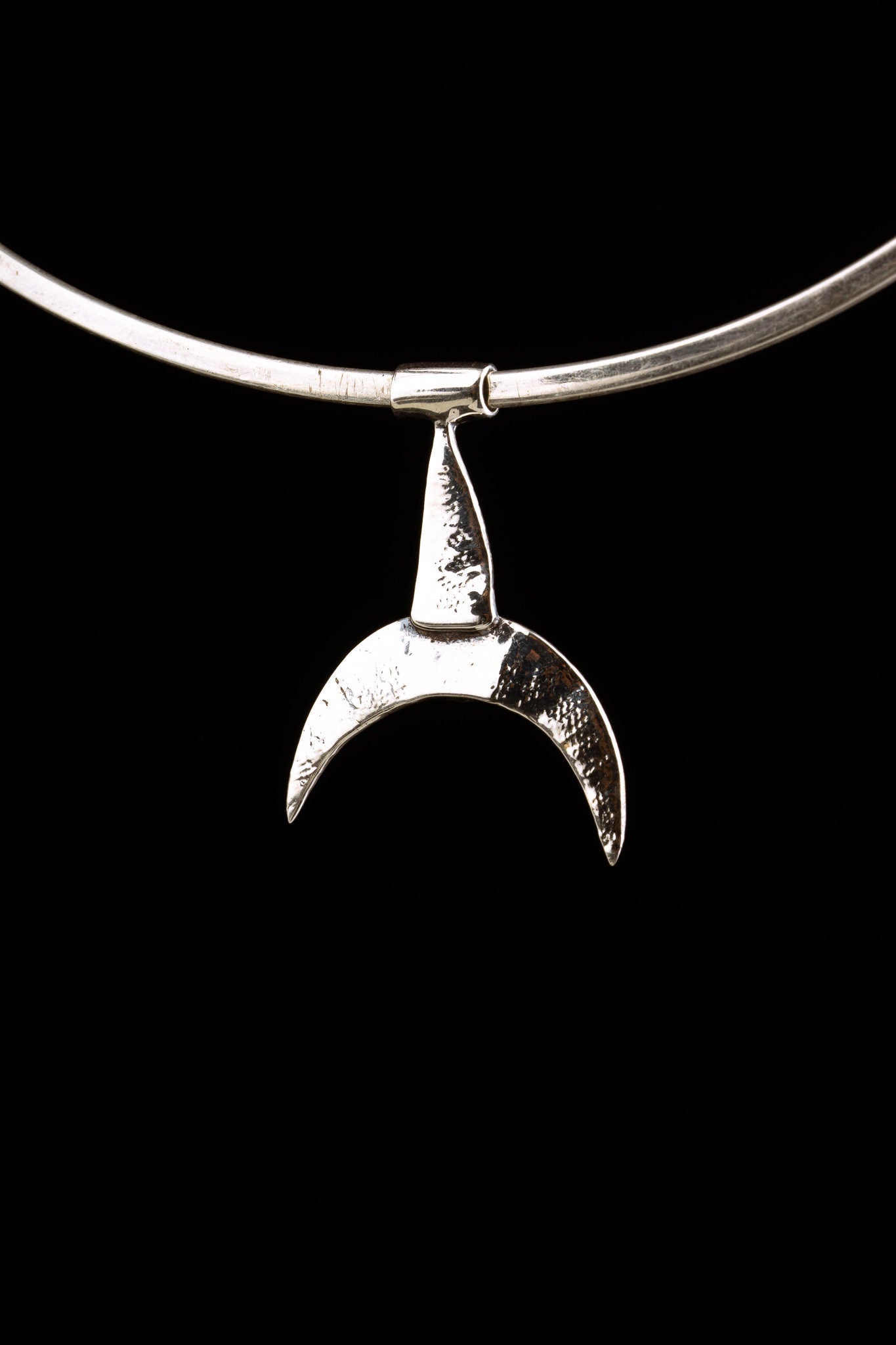 Crescent Moon/ Whale fin - Uniquely textured and oxidised - Sterling Silver Pendant - Adorned with Blue Moonstone