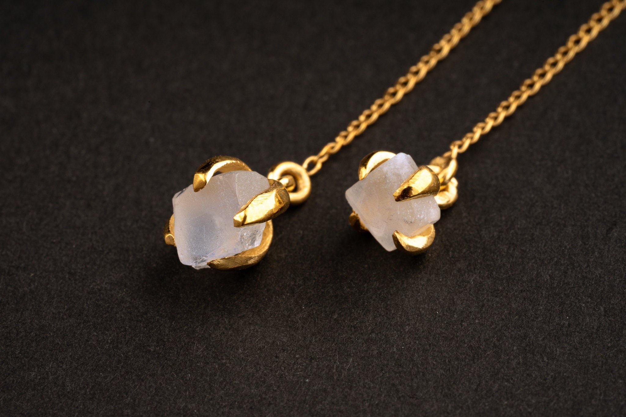 Raw flashy blue Moonstone - Gold plated - Sterling Silver - Claw / Prong dangle hook crystal Earring