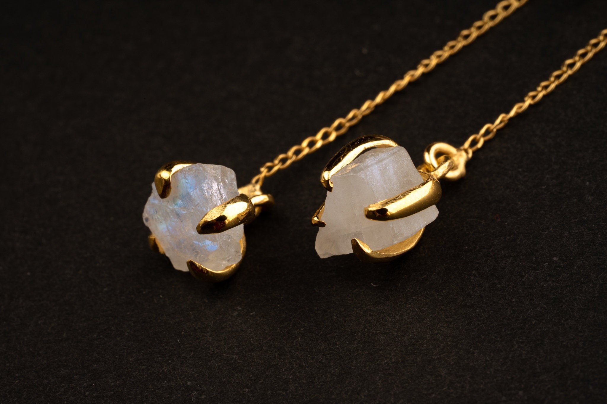 Raw flashy blue Moonstone - Gold plated - Sterling Silver - Claw / Prong dangle hook crystal Earring