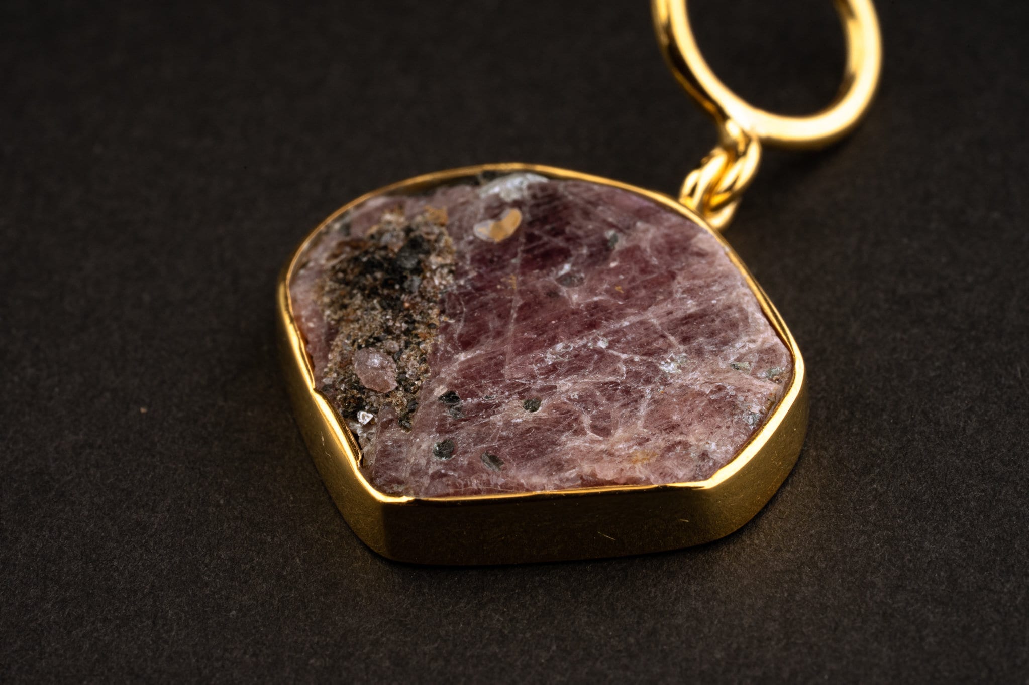 Red Ruby with triangle record keepers & black Mika and quartz inclusions Pendant - Gold Plated Sterling Silver - Crystal Necklace