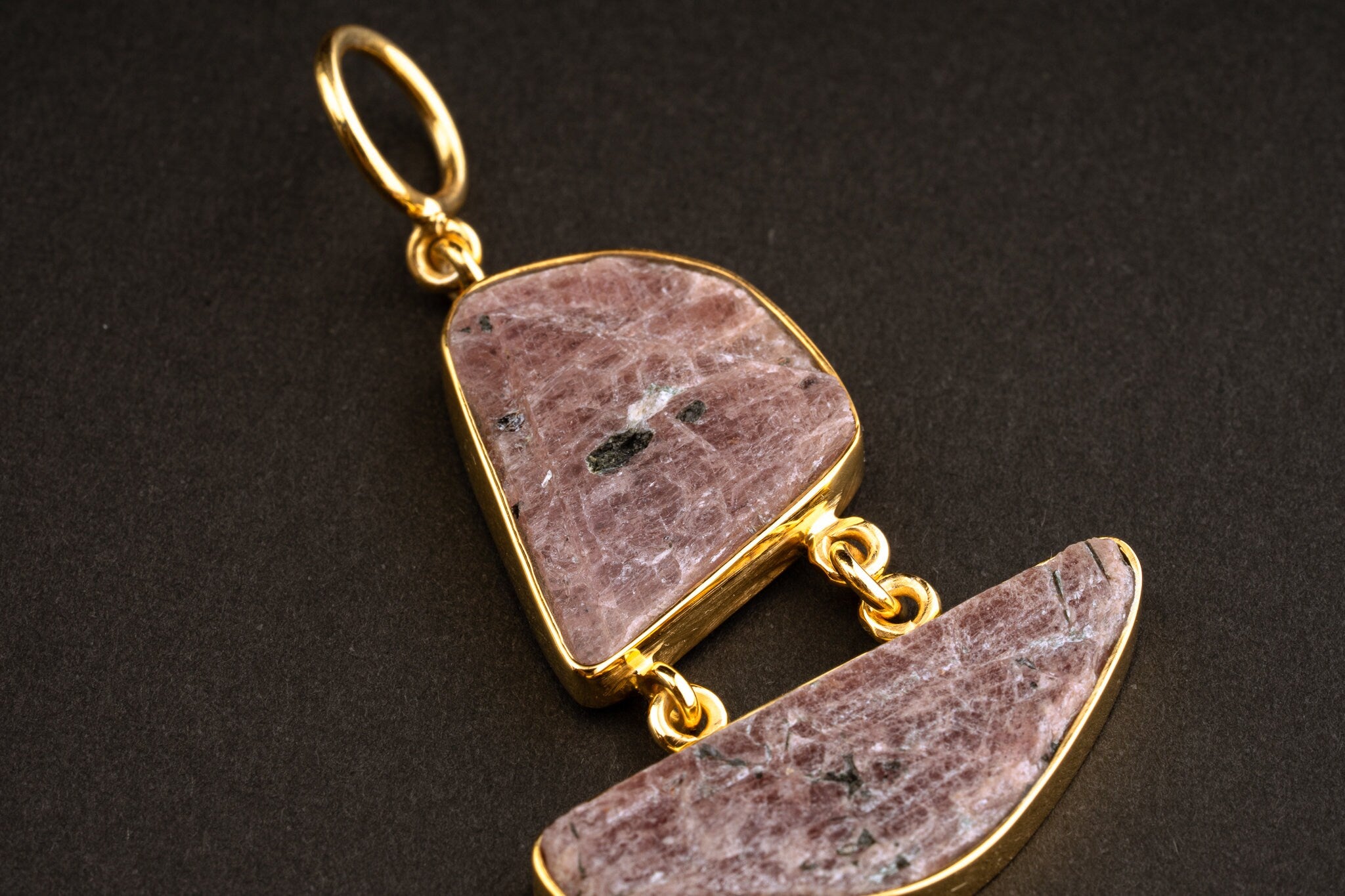 Two raw Indian Rubies with record keepers & black Mica inclusions Dangle Pendant - Gold Plated Sterling Silver - Crystal Necklace