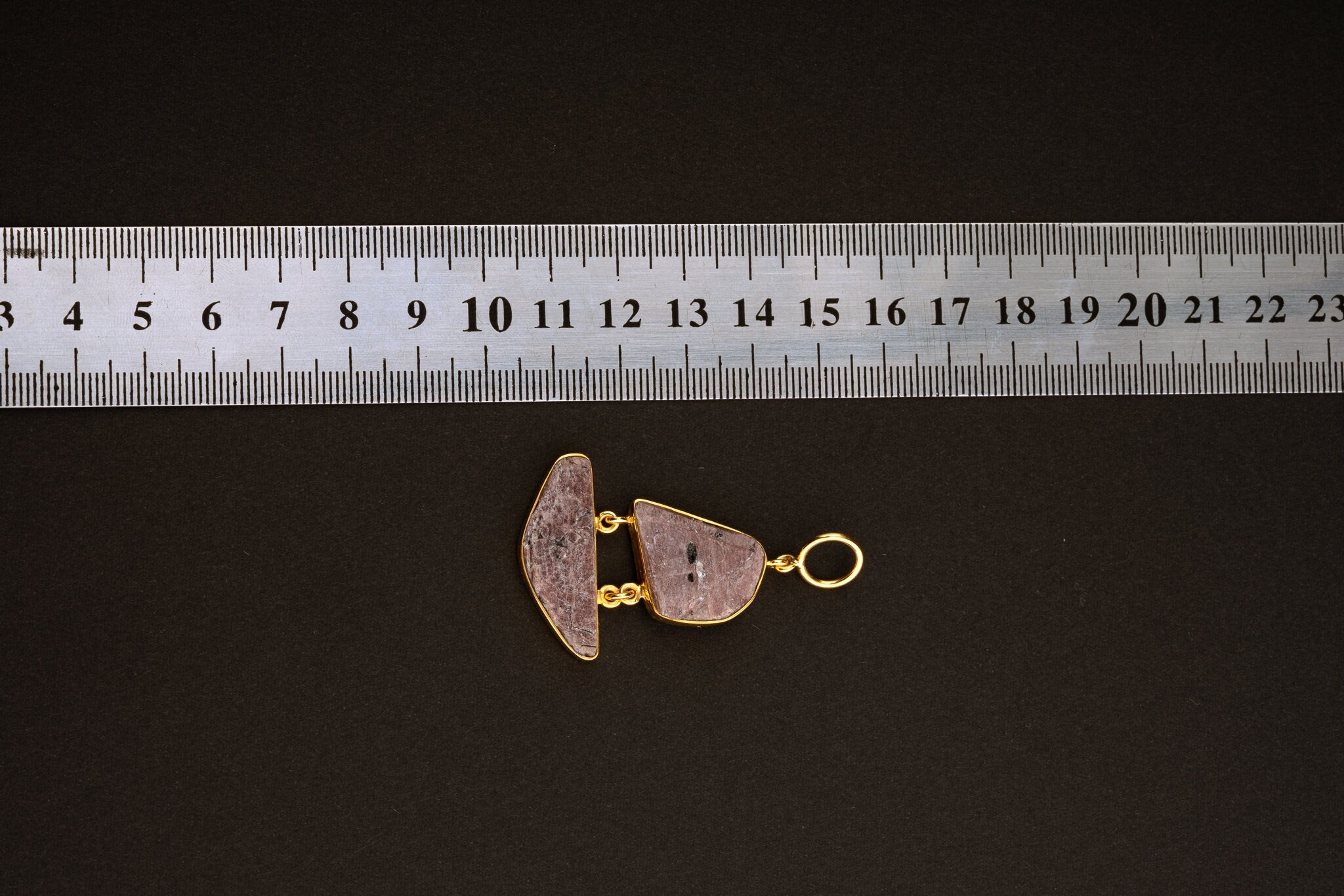 Two raw Indian Rubies with record keepers & black Mica inclusions Dangle Pendant - Gold Plated Sterling Silver - Crystal Necklace