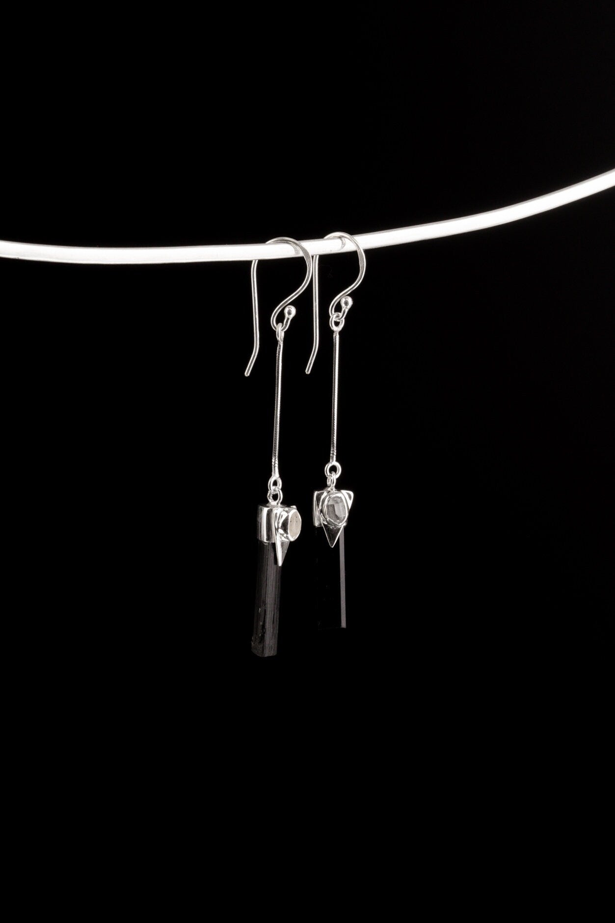 Raw Black Tourmaline Sticks & Herkimer Diamond - 925 Sterling Silver - Dangle Earring