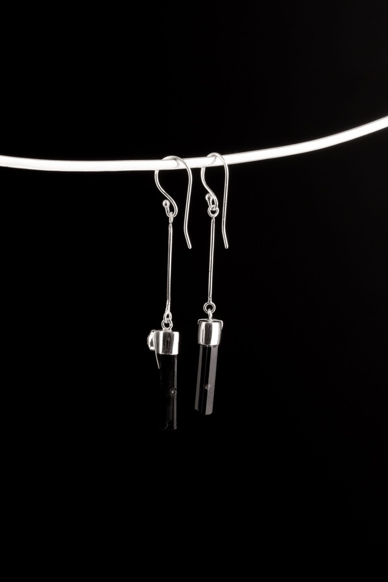 Raw Black Tourmaline Sticks & Herkimer Diamond - 925 Sterling Silver - Dangle Earring