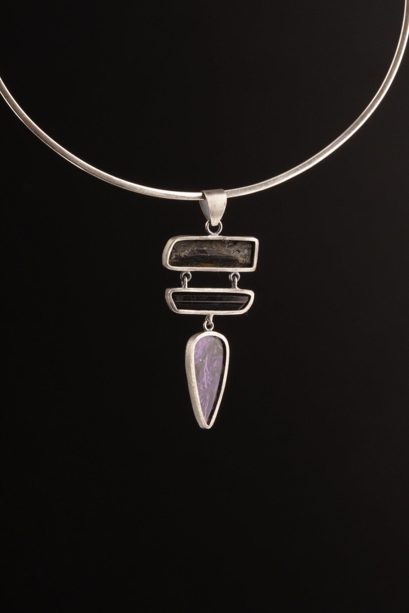 Rustic Finish Sterling Silver Pendant Featuring AAA Charoite Teardrop Cabochon & Double Bezeled Black Tourmaline Sticks, Dangle Necklace