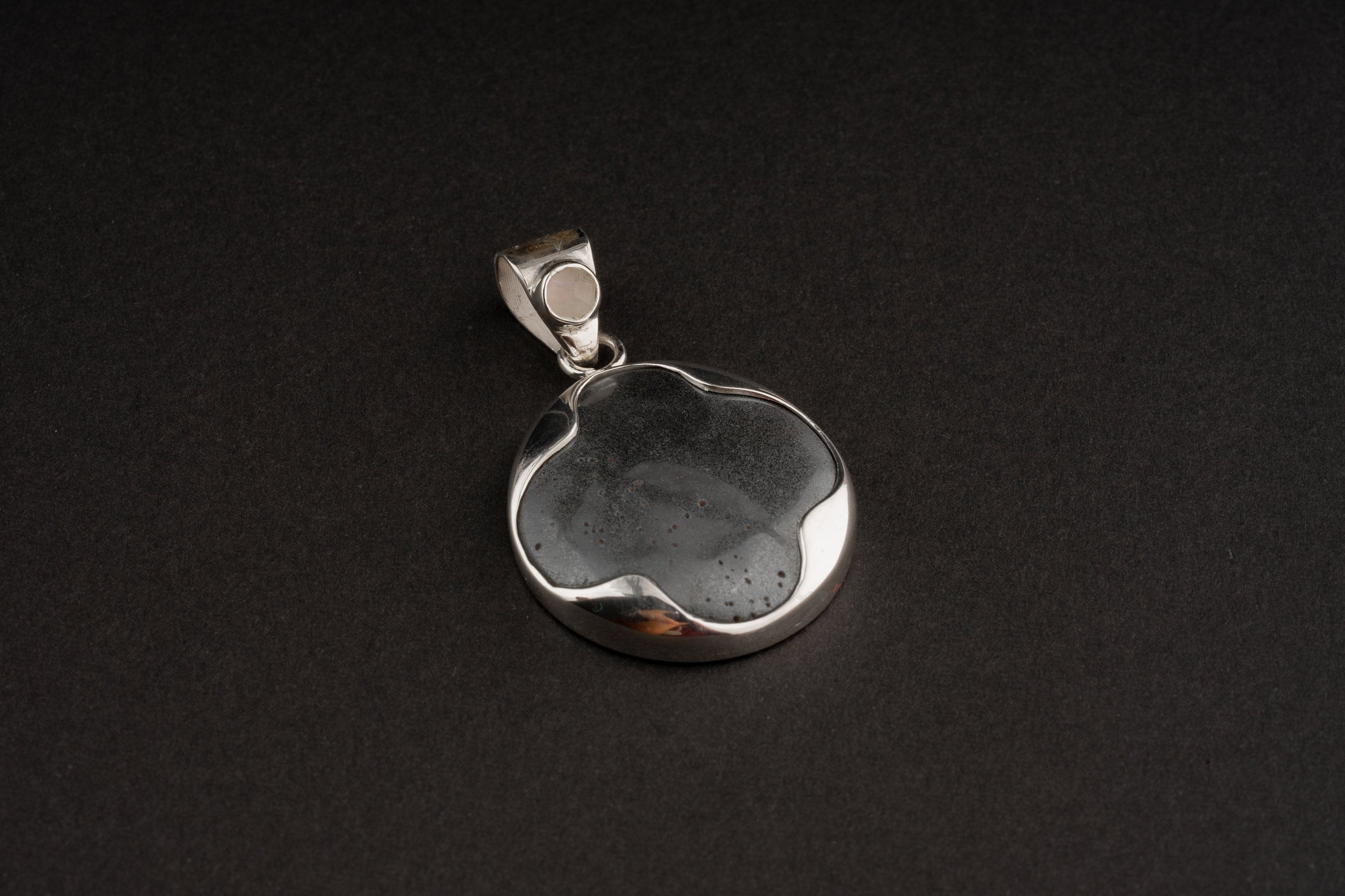 OneSmooth Pyrite disk crowned with Moonstone - Crystal Pendant Necklace - 925 Sterling Silver - rounded Bezel open-back set